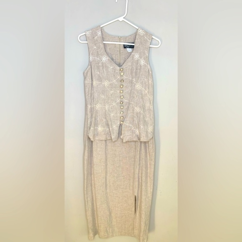Vintage 80’s Floral Embroidered Pearl Button Linen Midi Suit Dress Beige Small